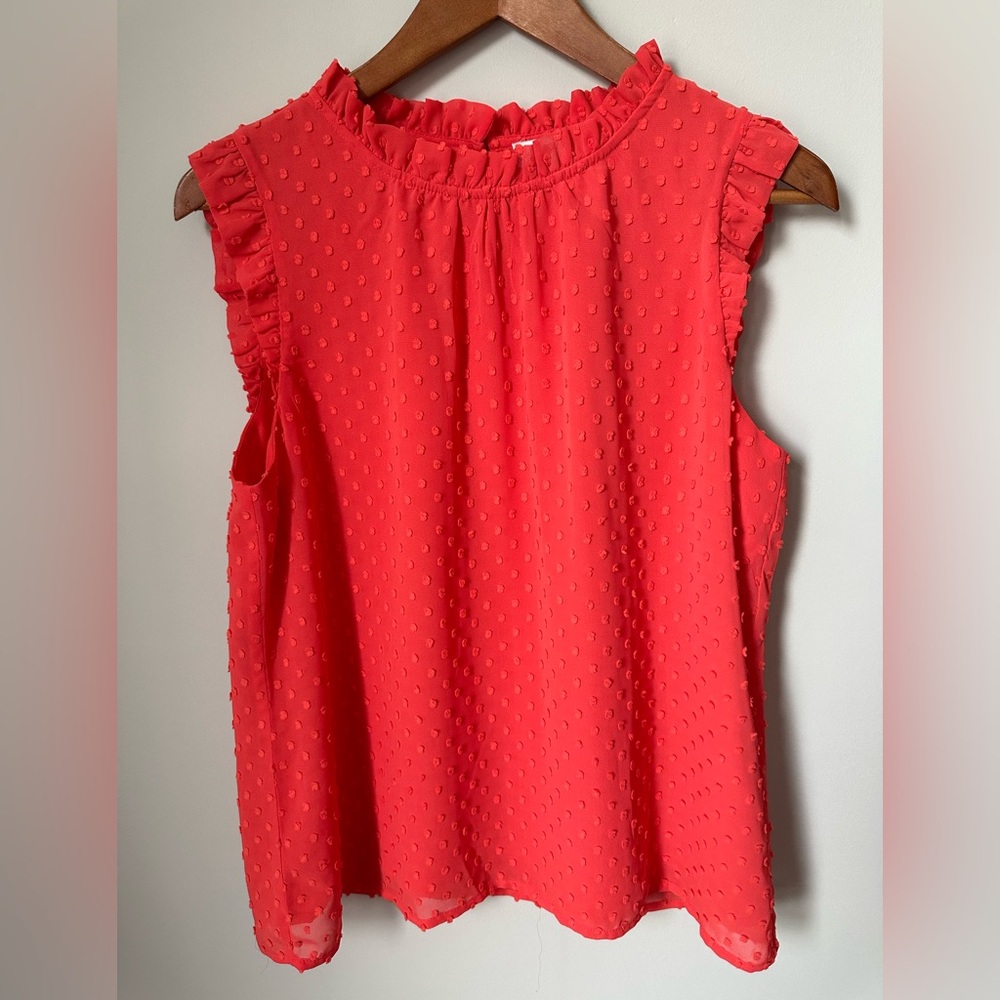 J. Crew ruffle sheer sleeveless tank pink/salmon color size medium. Classy.